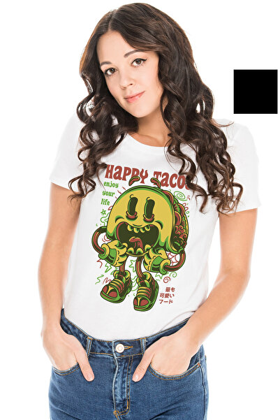 StoryGift Romania Tricou Femei Cu Portie Tacos, Chip Zambitor, Text In Engleza Happy Tacos, Artwor WHT_L