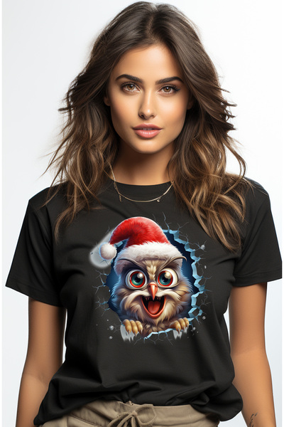 StoryGift Romania Tricou Femei cu o bufnita care poarta o caciula de Craciun,...