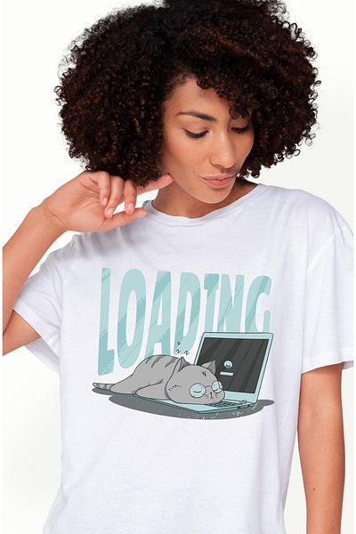 StoryGift Romania Tricou Femei Cu Pisica Cu Ochelari Dormind Pe Laptop, Work From Home, Loading, I WHT_XS