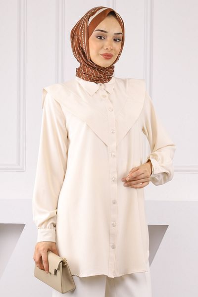 İmajButik Beige Front Detailed Linda Tunic