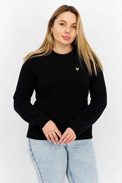 Lyle & Scott سترة نسائية بشعار مطرز برقبة دائرية، باللون الأسود