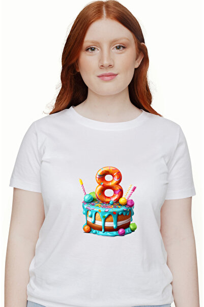 StoryGift Romania Tricou Femei cu cifra 8, tort, lumanari, ilustratie, pentru...