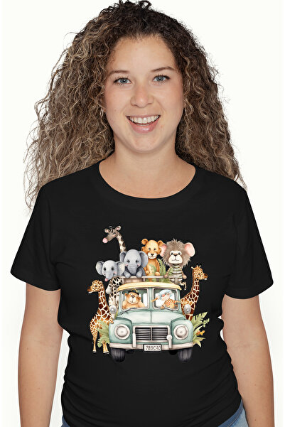 StoryGift Romania Tricou Femei cu o masina cu animale din jungla, ilustratie,...