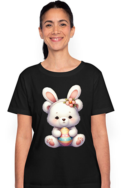 StoryGift Romania Tricou Femei cu un ursulet alb care are urechi de iepuras, ilustratie, ou vopsit BLK_S