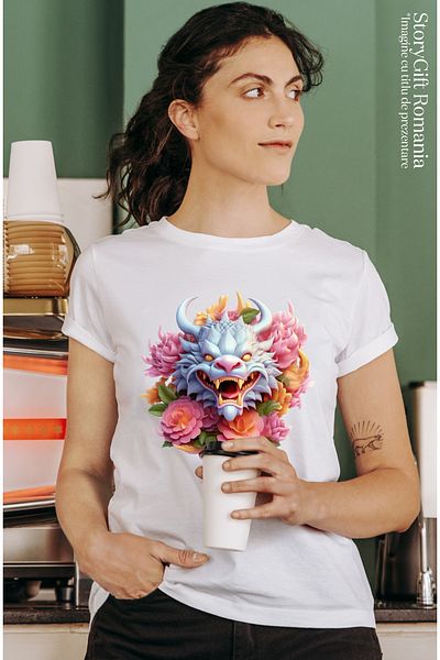 StoryGift Romania Tricou Femei cu un dragon chinezesc, ilustratie, anul dragonului, nou, floricele WHT_M