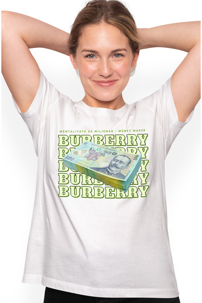 StoryGift Romania Tricou Femei Burberry - 100 Lei Romanesti, cu imprimeu pe F...
