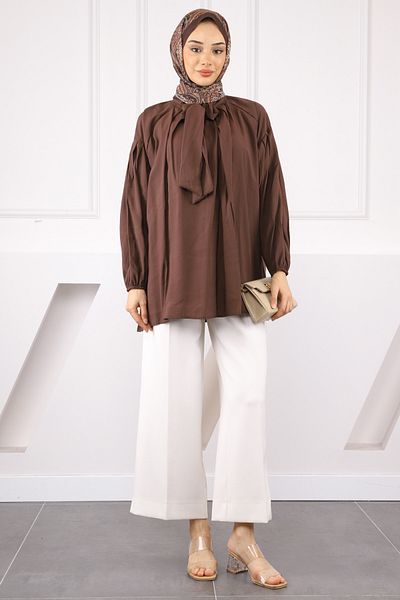 İmajButik Brown Collar Detailed Balloon Sleeve Tunic