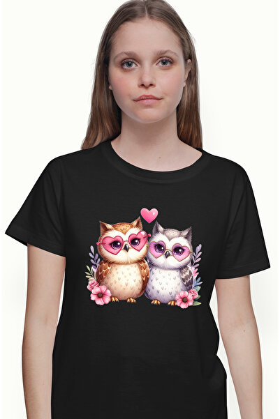 StoryGift Romania Tricou Femei cu 2 bufnite cu ochelari in forma de inimioare, ilustratie, florice BLK_XS