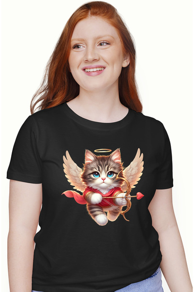 StoryGift Romania Tricou Femei cu o pisicuta Cupidon, ilustratie, aripi, trag...