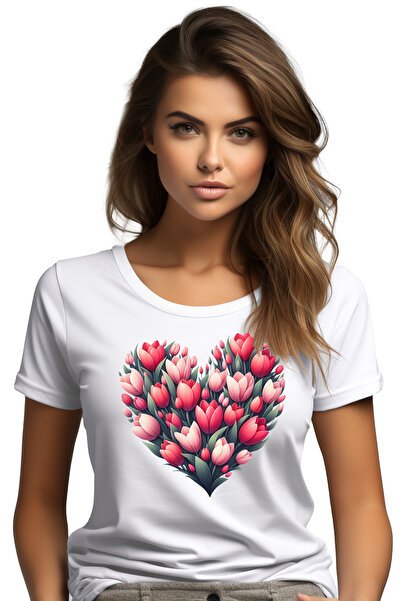StoryGift Romania Tricou Femei cu o inima facuta din flori, ilustratie, lalel...