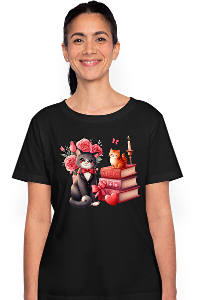 StoryGift Romania Tricou Femei cu 2 pisici, ilustratie, una sta pe un teanc c...