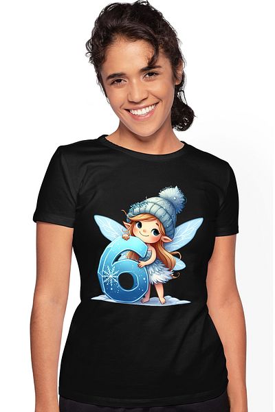 StoryGift Romania Tricou Femei cu o zana micuta care tine cifra "6", ilustratie, scoala, matematic BLK_XL