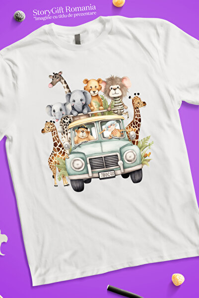 StoryGift Romania Tricou Femei cu o masina cu animale din jungla, ilustratie, salbatice, safari, p WHT_XL