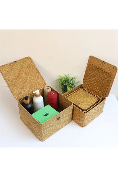 Bahçem Multi-Purpose Bamboo Wicker Basket with Lid Set of 4