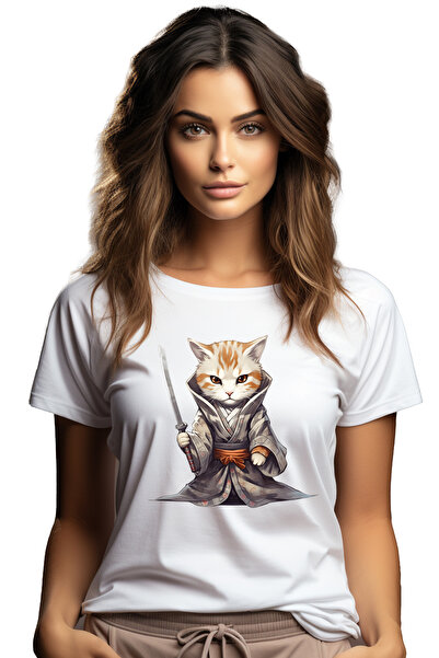 StoryGift Romania Tricou Femei cu o pisica in vestimentatie de samurai, tine ...