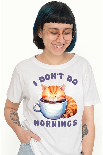 StoryGift Romania Women's T-shirt with cat and "I don't do mornings" message, coffee cup, orange WHT_XL