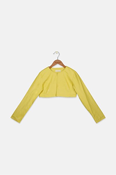 Byblos Kids Girl Split Neck Plain Leather Crop Jacket, Yellow