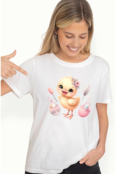 StoryGift Romania Tricou Femei cu o puicuta, ilustratie, oua vopsite, flori, ...