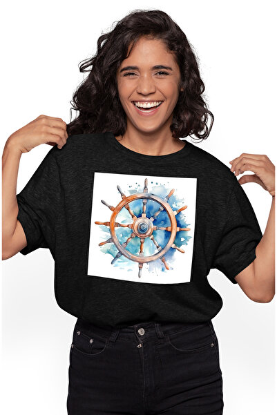 StoryGift Romania Tricou Femei cu o carma, apa, mare, corabie, ambarcatiune, ilustratie, abstract, BLK_XS