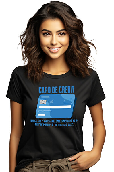 StoryGift Romania Women's T-shirt credit card, bank, bank installments, money, debts with print on BLK_L