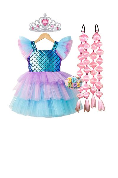 3b kids Mermaid Fluffy Dress Costume Set Bubble Hair Crown Set Birthday Party Special Day
