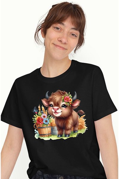 StoryGift Romania Women's T-shirt with a cheerful, small female bison, illustration, wheat, flowers, bucket BLK_S