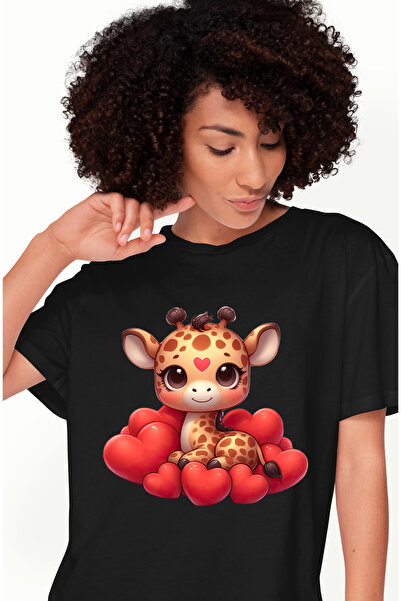 StoryGift Romania Tricou Femei cu o girafa vesela si imbujorata care are o inimioara pe frunte, il BLK_XS