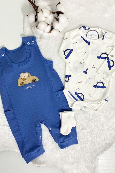VERONA TARZ Baby Boy Embroidered Car 2Pc Salopet Set Long Sleeve Snap Outfit and Socks Gift