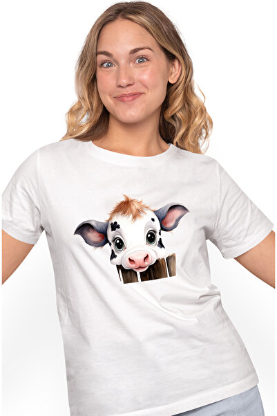 StoryGift Romania Tricou Femei cu o vacuta curioasa, ilustratie, par in crest...