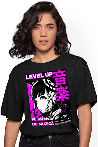 StoryGift Romania Tricou Femei Level up pe ritm de muzica fata stil anime joc cu imprimeu pe Fata BLK_S