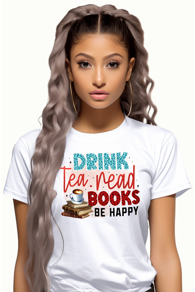 StoryGift Romania Tricou Femei cu mesajul "Drink tea, read books, be happy", carte, ilustratie, li WHT_XS