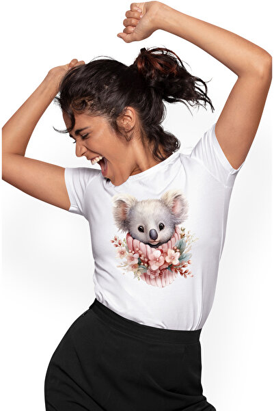 StoryGift Romania Tricou Femei cu un ursulet Koala, ilustratie, mirat, curios, floricele, natura, WHT_XL