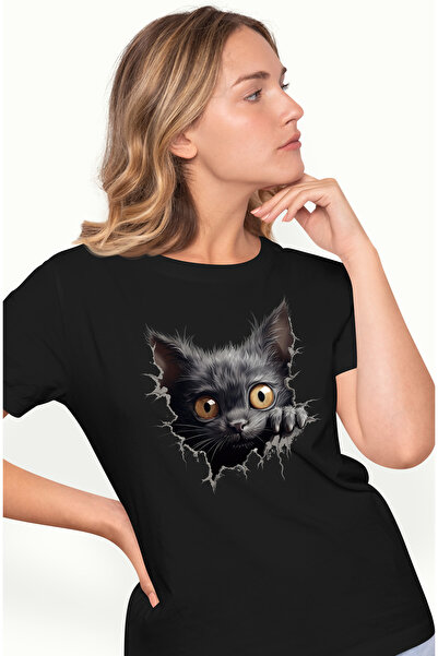 StoryGift Romania Tricou Femei cu o pisicuta neagra, stelute, surprinsa, socata, pentru iubitorii BLK_S