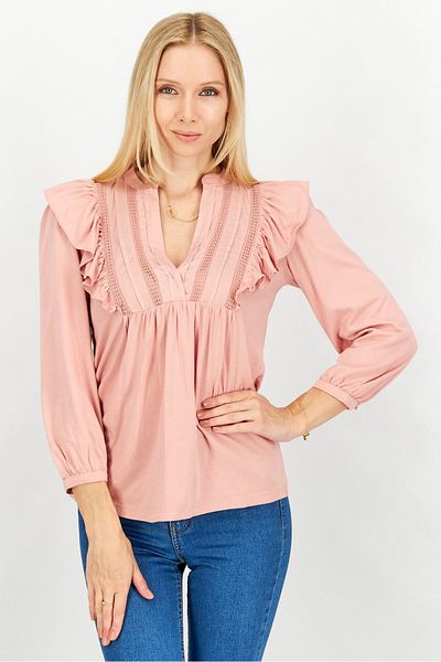 Ralph Lauren Women Split Neck Long Sleeves Bib Front Cotton Blend Top, Rose Tan