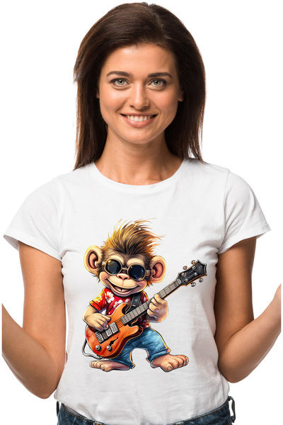 StoryGift Romania Tricou Femei cu o maimuta care canta la chitara, ilustratie...