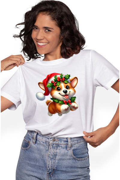 StoryGift Romania Tricou Femei cu un catel jucaus cu caciula de Craciun, ilus...