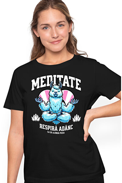 StoryGift Romania Tricou Femei Meditate Lama respira adanc o sa vina pizza, c...