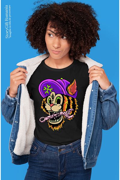 StoryGift Romania Women's T-Shirt With Tiger, Key, Hat, Monster, Multicolor with Printed , BLK_L