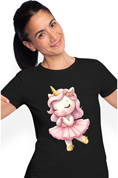 StoryGift Romania Tricou Femei cu un unicorn, ilustratie, rochita de balet, dans, floricele, imbuj BLK_XL