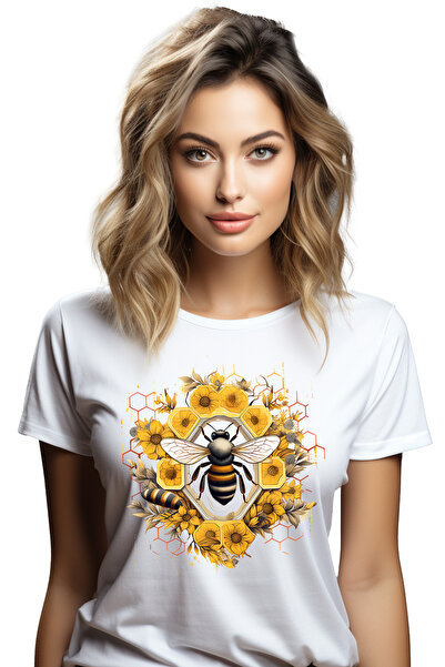 StoryGift Romania Tricou Femei cu o albina, ilustratie, fagure, miere, dulce,...