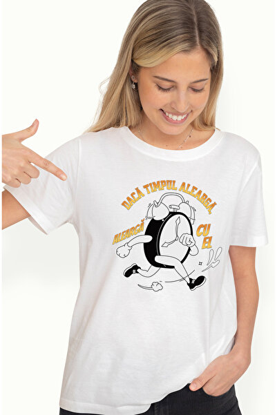 StoryGift Romania Tricou Femei Ceas mecanic alergand text daca timpul alearga cu imprimeu pe Fata, WHT_XS