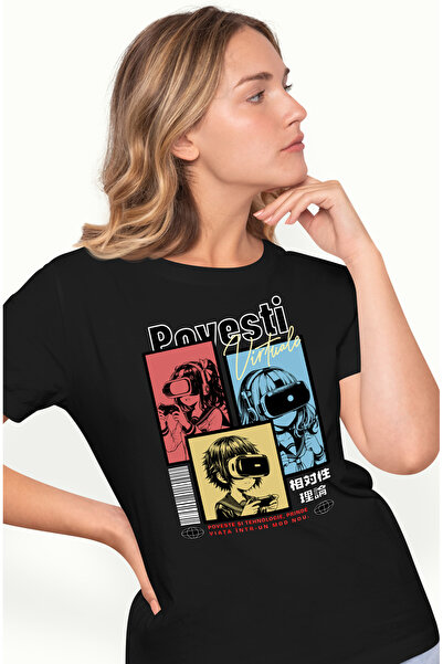 StoryGift Romania Tricou Femei Copii folosind ochelarii VR Povesti Virtuale cu imprimeu pe Fata, 1 BLK_XL