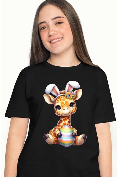 StoryGift Romania Women's T-shirt with a giraffe, illustration, rabbit ears, egg, cheerful, happy, j BLK_L
