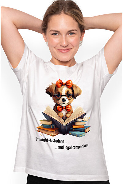 StoryGift Romania Tricou Femei cu un catel care tine o carte deschisa, ochela...