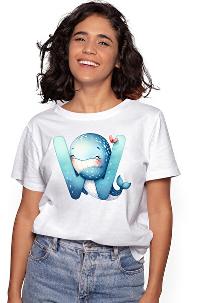 StoryGift Romania Tricou Femei cu o balena albastra cu litera "W", ilustratie...