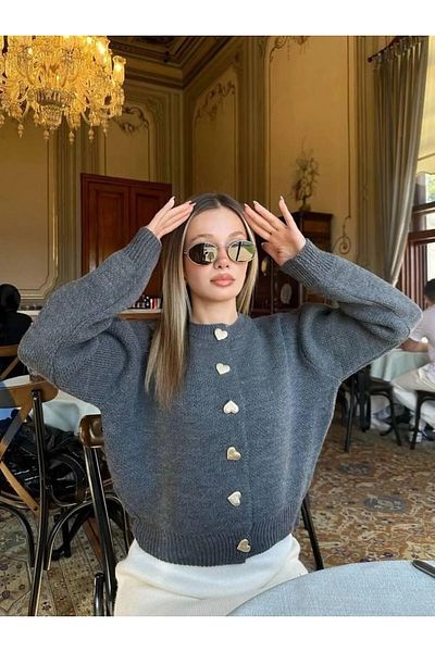 NZL TEKSTİL Heart Button Detail Women's Knitwear Cardigan & Jacket