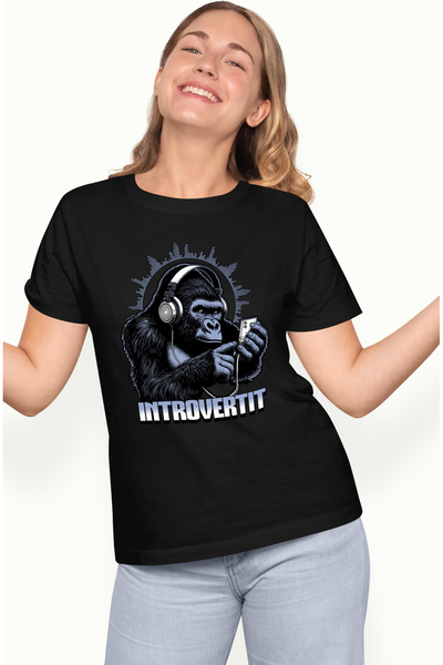 StoryGift Romania Tricou Femei Gorilla introvertit folosind telefonul cu imprimeu pe Fata, 100% B BLK_XS