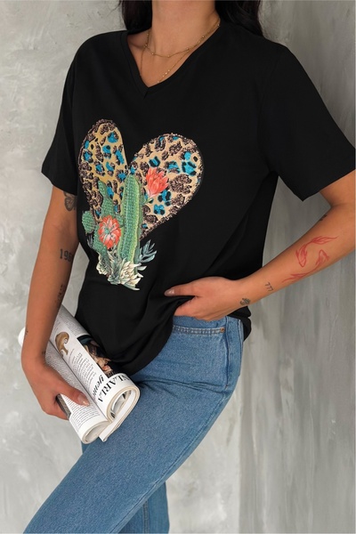 FEMELLE Women's Black V-Neck Large Size Cactus Sequin Sequin Embroidered 100% Cotton Large Size T-Shirt