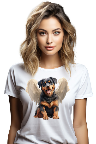 StoryGift Romania Tricou Femei cu un caine vesel care are aripi albe, ilustra...