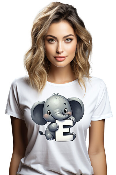 StoryGift Romania Tricou Femei cu un elefantel cu litera "E", ilustratie, pen...